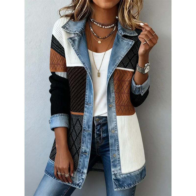 Denim Patchwork Jacket Fashion Commuter Lapel Button-down Long-sleeved Top For Women's Clothing by DERILUJA LLC