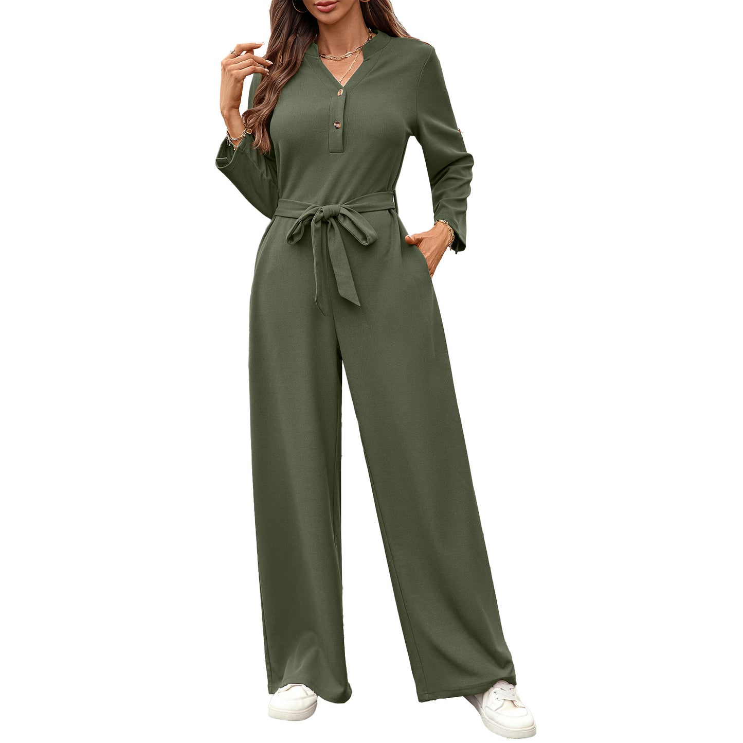Solid color high waisted button up long sleeved loose jumpsuit by eprolo