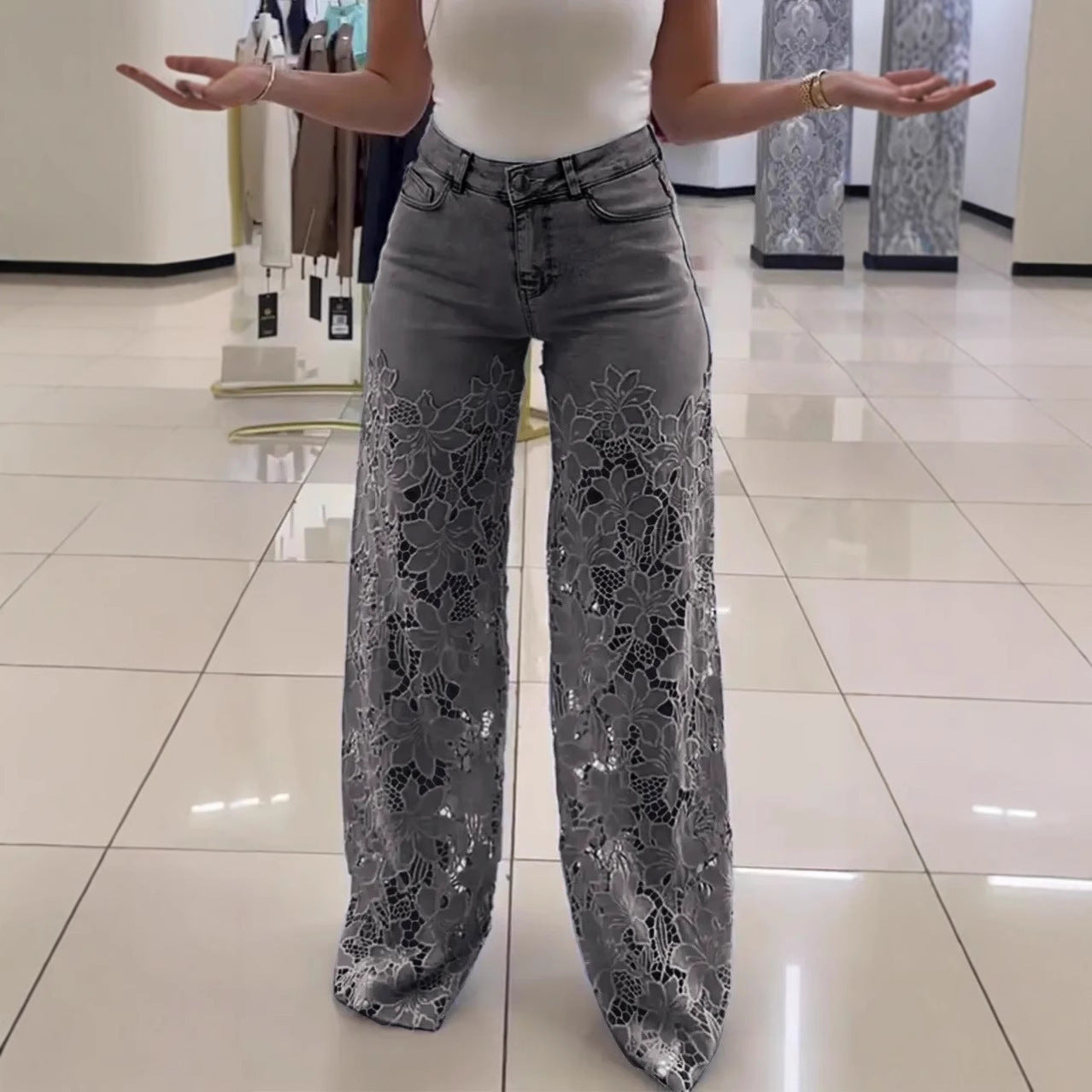 Y2K Lace Flowers Hollow Jeans Fashion High Waist Straight Wide Leg Pants Solid Color Trousers Women's Clothing by My Store
