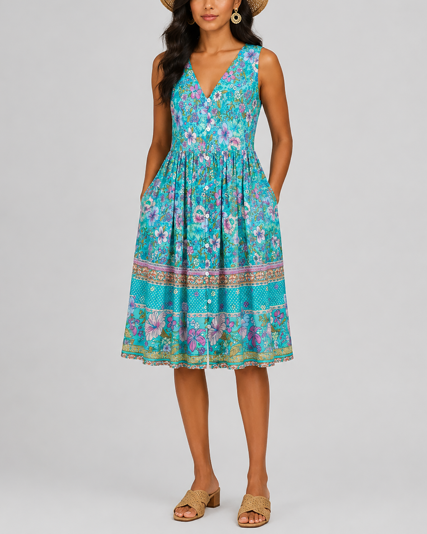 Women's Fashion Ethnic Style Blue Printed V-Neck Open Front Sleeveless Dress by eprolo