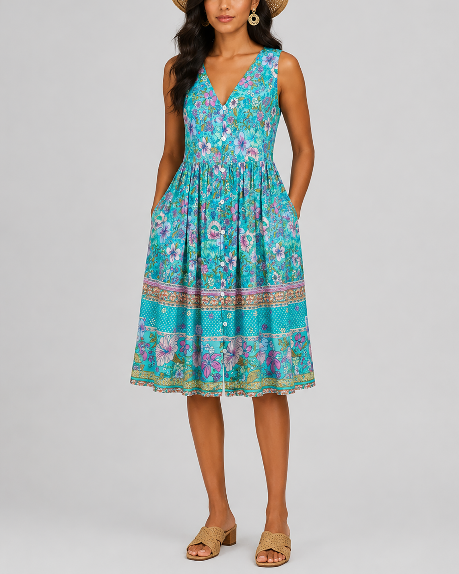 Women's Fashion Ethnic Style Blue Printed V-Neck Open Front Sleeveless Dress by eprolo