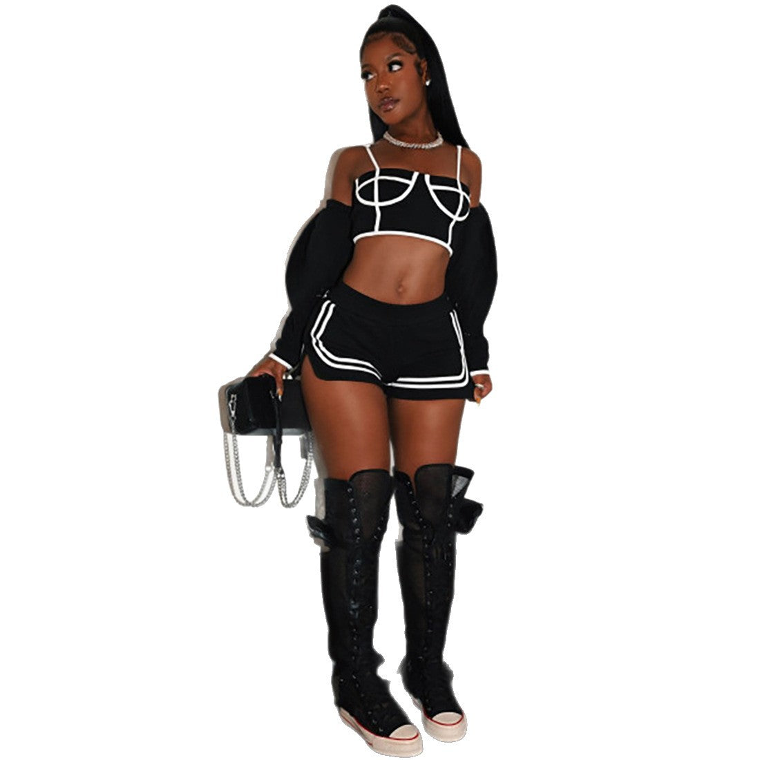 Fashionable Long Sleeve Turn-Down Collar Outerwear with Strap Inner Top and Slim Fit Sport Shorts Set for Women by eprolo
