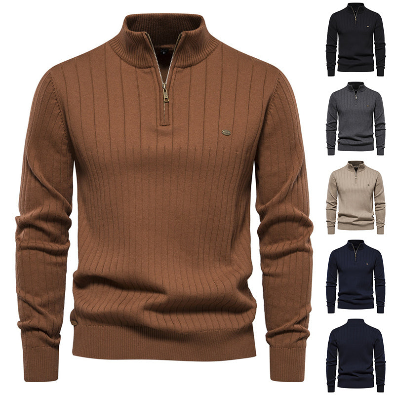 Men's Stand Collar Sweater Fashion Half-zipper Solid Color Striped Knit Sweater High Quality Slim Fit Top Clothing by My Store