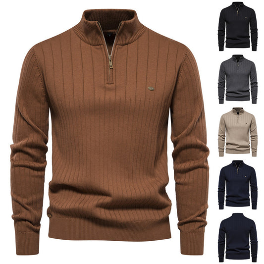 Men's Stand Collar Sweater Fashion Half-zipper Solid Color Striped Knit Sweater High Quality Slim Fit Top Clothing by My Store
