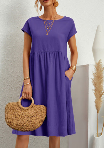 Summer Short-sleeved Dress With Pockets Fashion Solid Round Neck A-line Dresses For Women Clothing by DERILUJA LLC