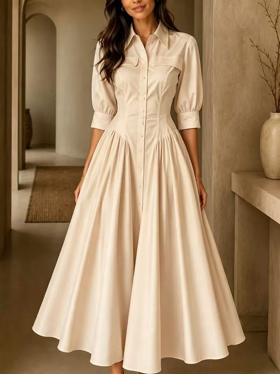 Cotton-linen Blend Single-breasted High-waisted Solid-color Dress by DERILUJA LLC