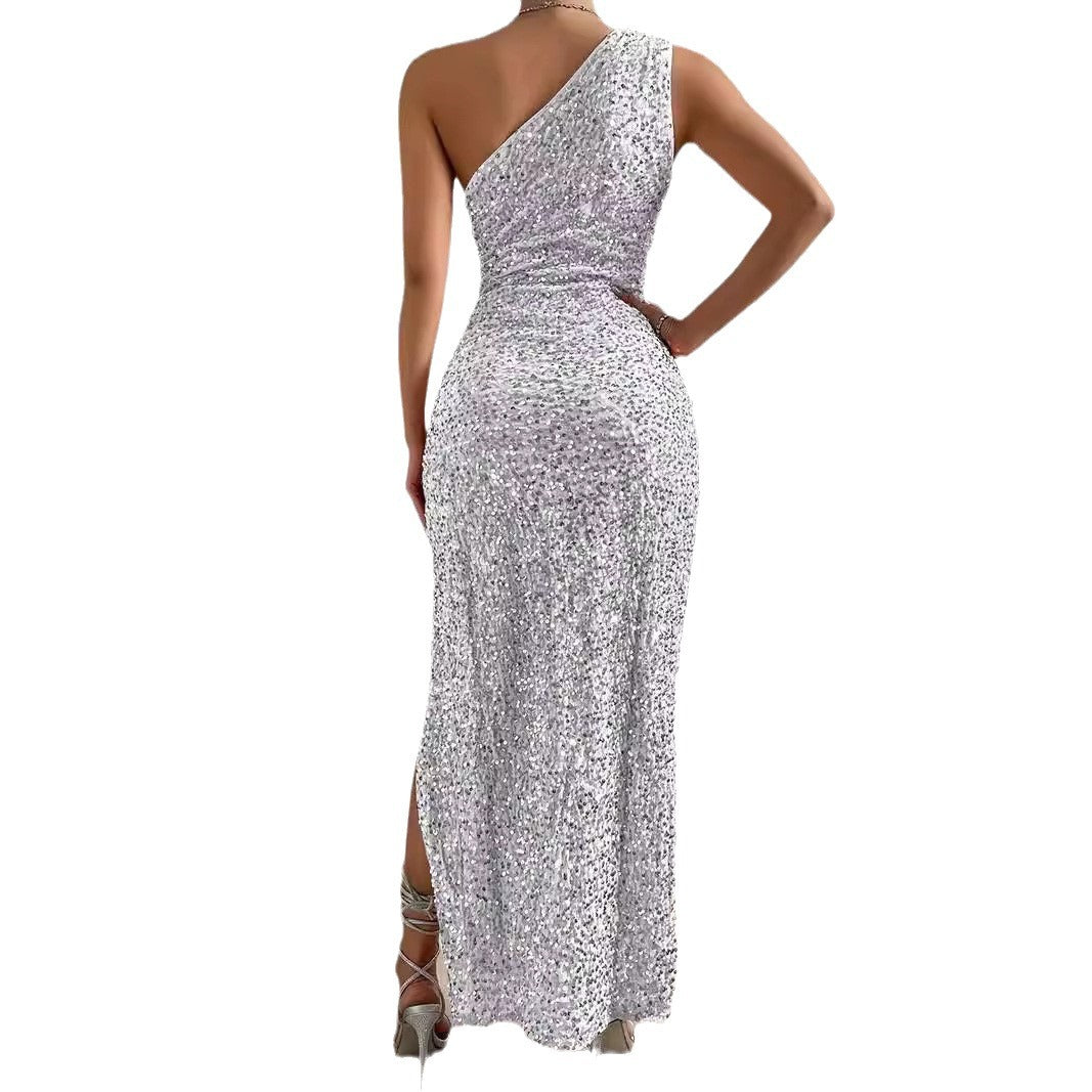 Elegant Sequined Shoulder Split Solid Color Dress Slim Club Party Dress Casual Asymmetric Sleeveless Long Dress by DERILUJA LLC