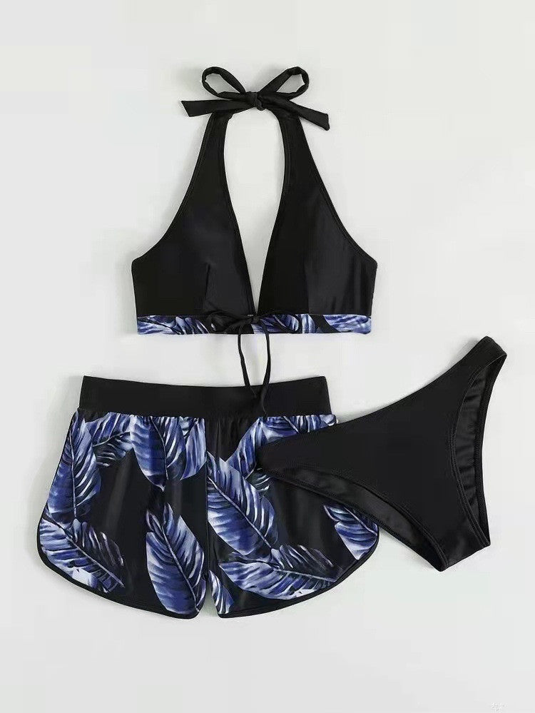 3pcs Leaf Print Bikini With Shorts Fashion Summer Beach Swimsuit Womens Clothing by DERILUJA LLC