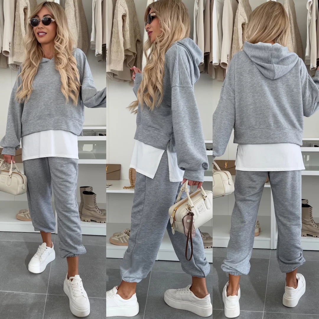 Hooded Sweatshirt Suit Loose Long Sleeve False Two-piece Tops And Jogger Sports Trousers Casual Spots Set For Women's Clothing by My Store