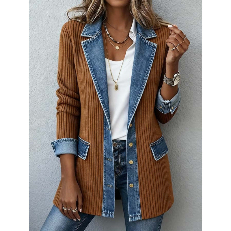 Denim Patchwork Jacket Fashion Commuter Lapel Button-down Long-sleeved Top For Women's Clothing by DERILUJA LLC