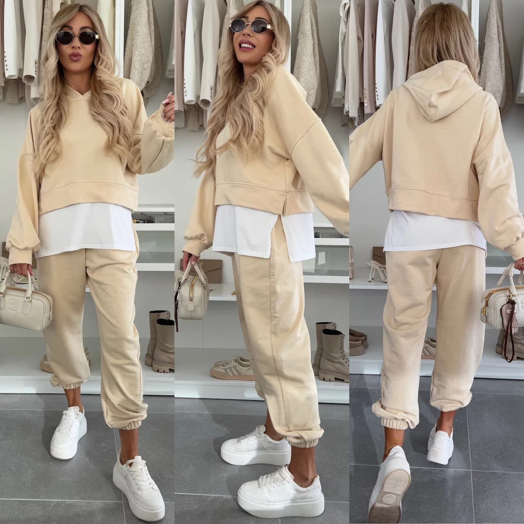 Hooded Sweatshirt Suit Loose Long Sleeve False Two-piece Tops And Jogger Sports Trousers Casual Spots Set For Women's Clothing by My Store