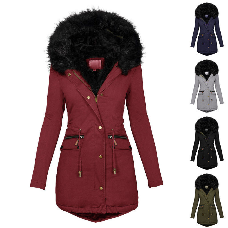 Women's Plush Hooded Parkas Winter Warm Thick Zip-up Jackets Casual Mid-length Solid Buckle Pockets Coat Outerwear Clothing by DERILUJA LLC