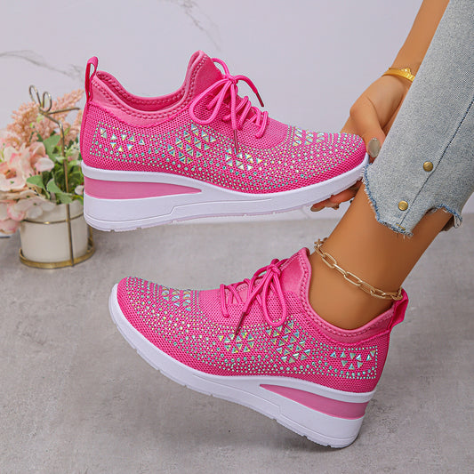 Ins Rhinestone Sneakers Fashion Lace Up Wedges Casual Shoes Women's Daily Commuting Sports Shoes by My Store