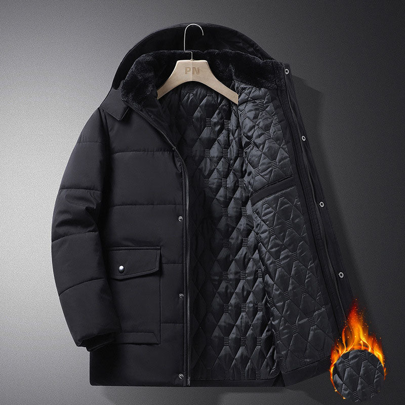 Coat men's winter new style with added velvet and thickened warm cotton clothing, business and leisure mid length hooded plus size men's cotton clothing by eprolo