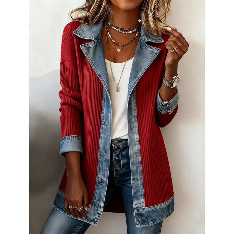 Denim Patchwork Jacket Fashion Commuter Lapel Button-down Long-sleeved Top For Women's Clothing by DERILUJA LLC