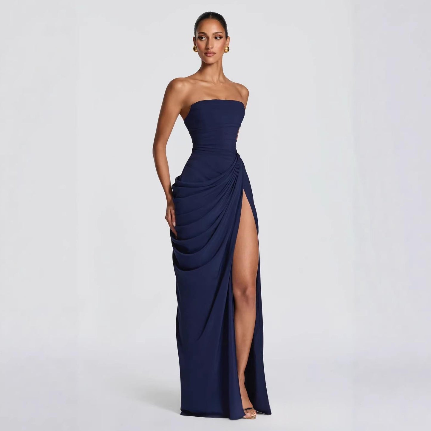 French Style Romantic Strapless Pleated Slit Dress - Women's Elegant Evening Gown For Summer Party Wedding Dresses by DERILUJA LLC