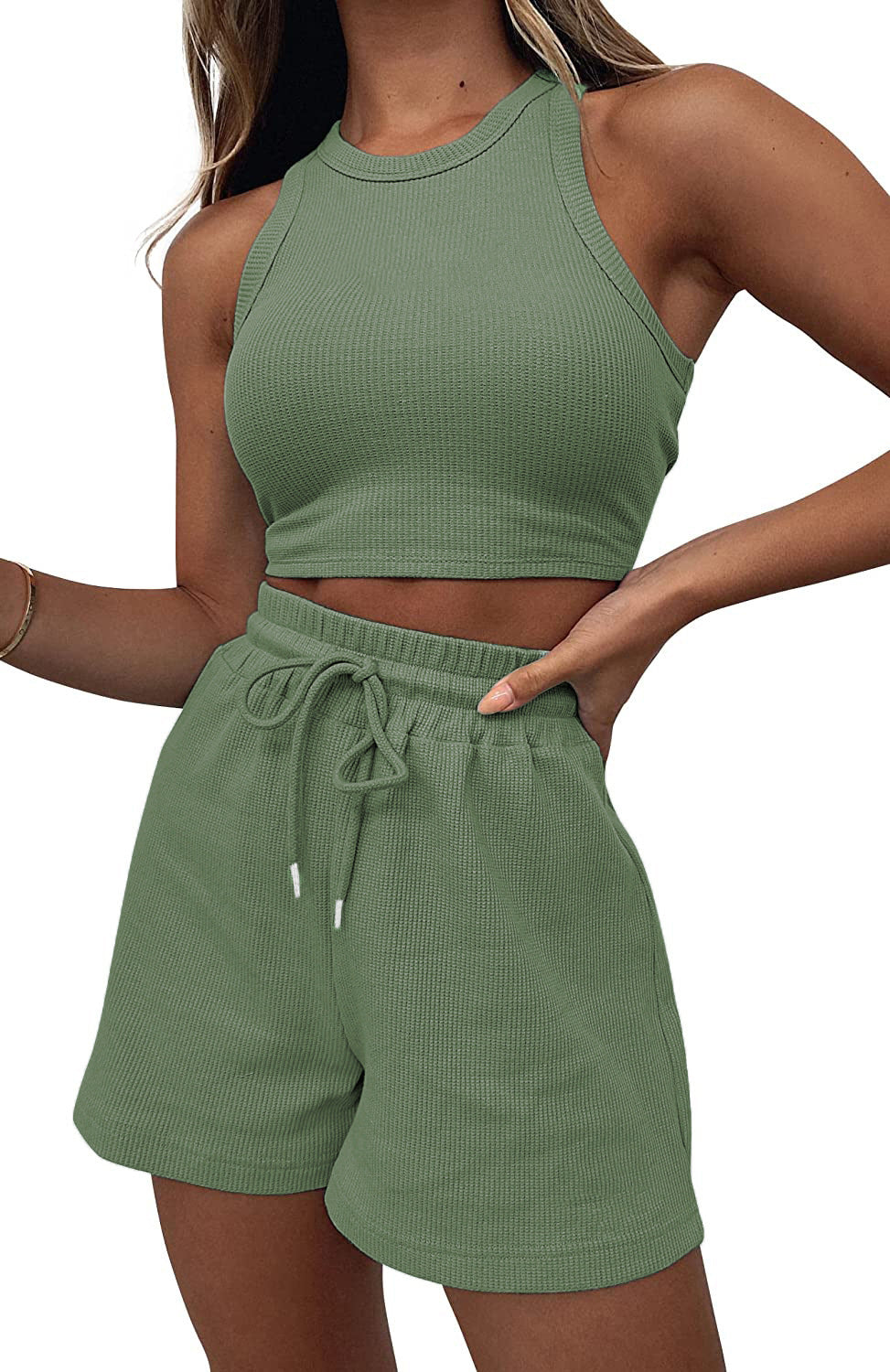Casual Solid Color Sleeveless Waffle Knit Short Crop Top 2-Piece Set Women's Fashion Outfit