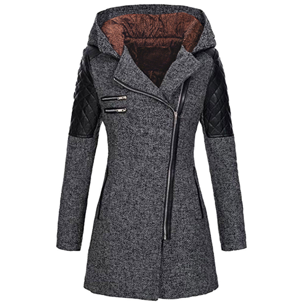 Women Warm Slim Full Zipper Coat Thick Woolen Coat Female Fall Winter Windbreaker Hooded Diagonal Zipper Women's Clothing by My Store