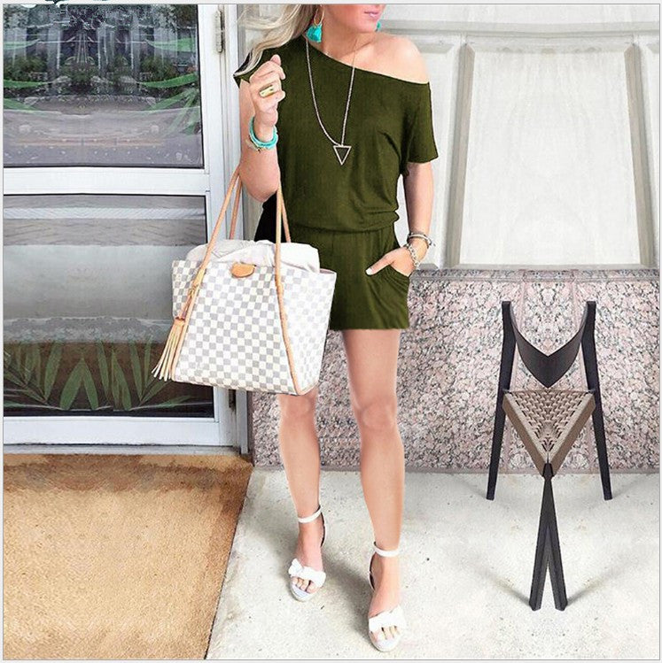 Fashionable Asymmetrical Shoulder Short Sleeve Pocket Women's Jumpsuit in 6 Colors