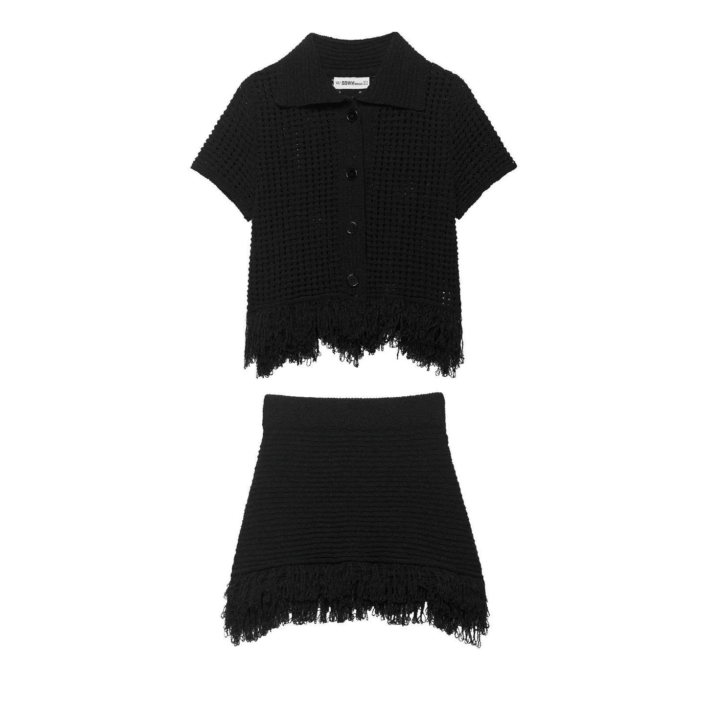 Tassel embellished plaid knitted jacket+half skirt set by eprolo