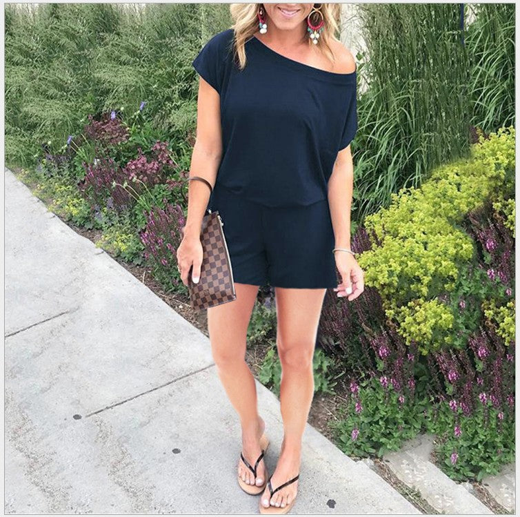 Fashionable Asymmetrical Shoulder Short Sleeve Pocket Women's Jumpsuit in 6 Colors by eprolo