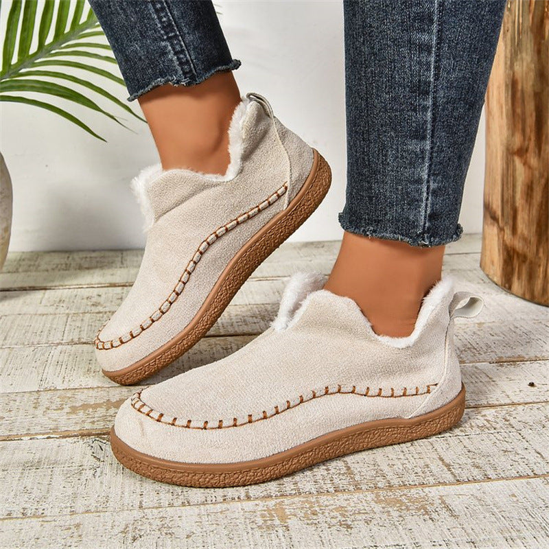 Fashion V-cut Plush Ankle Boots Winter Plus Velvet Flat Snow Boot Casual Warm Solid Suede Cotton Shoes For Women by DERILUJA LLC