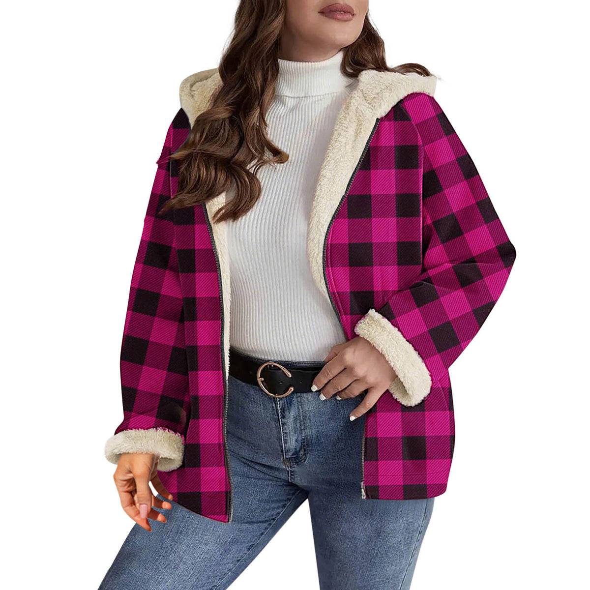 AutumnWinter Plaid Shearling Jacket Fluffy Coat by DERILUJA LLC