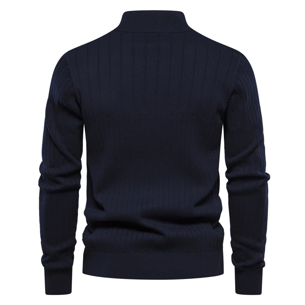 Men's Stand Collar Sweater Fashion Half-zipper Solid Color Striped Knit Sweater High Quality Slim Fit Top Clothing by My Store