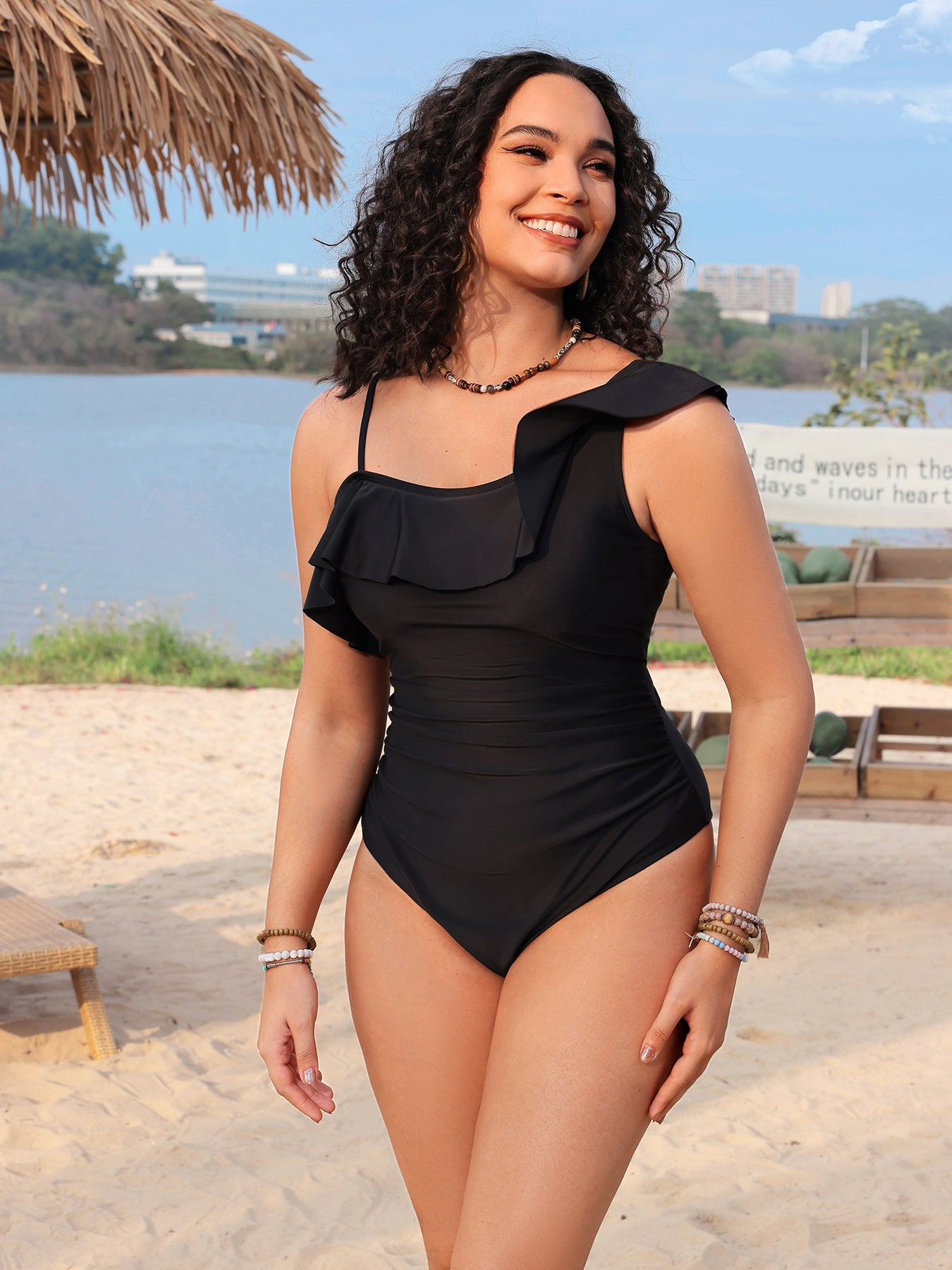 Single shoulder lace pleated one-piece swimsuit by eprolo