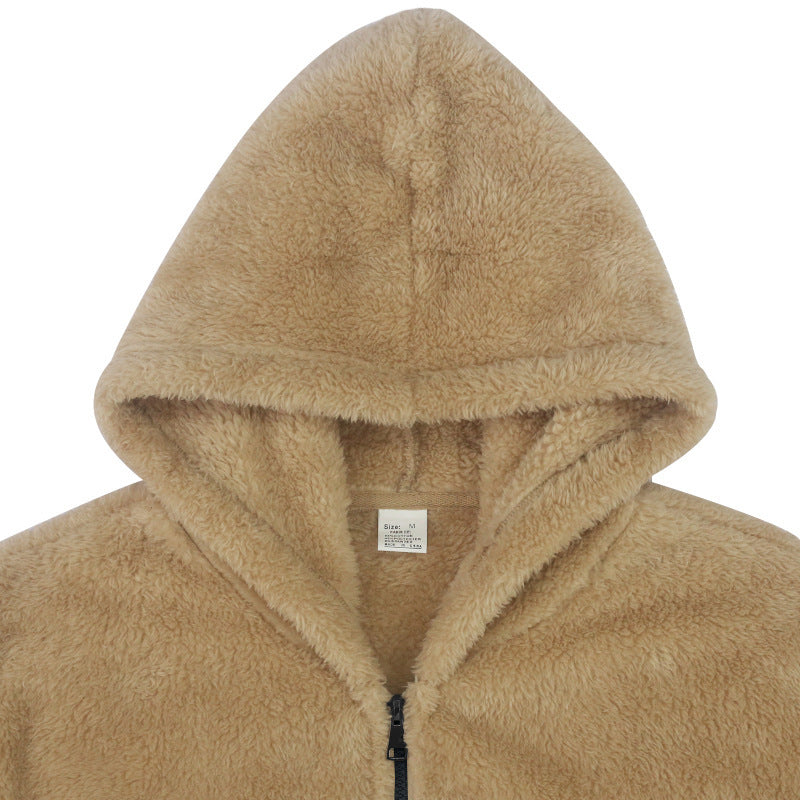 Plush Hooded Jacket Men's Autumn And Winter Fleece Double-sided Wear Warm Coat With Zipper Loose Casual Jacket Outdoor Clothing by DERILUJA LLC