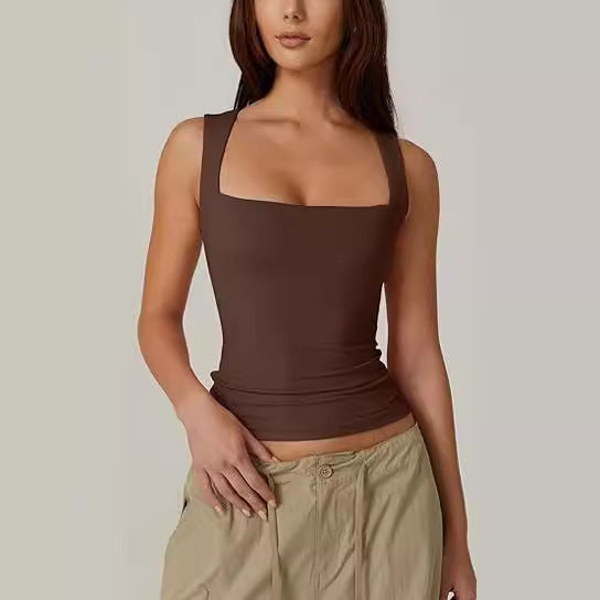 Summer Square-neck Tank Vest Ins Fashion Slim Solid Sleeveless Tops For Women Clothing by DERILUJA LLC