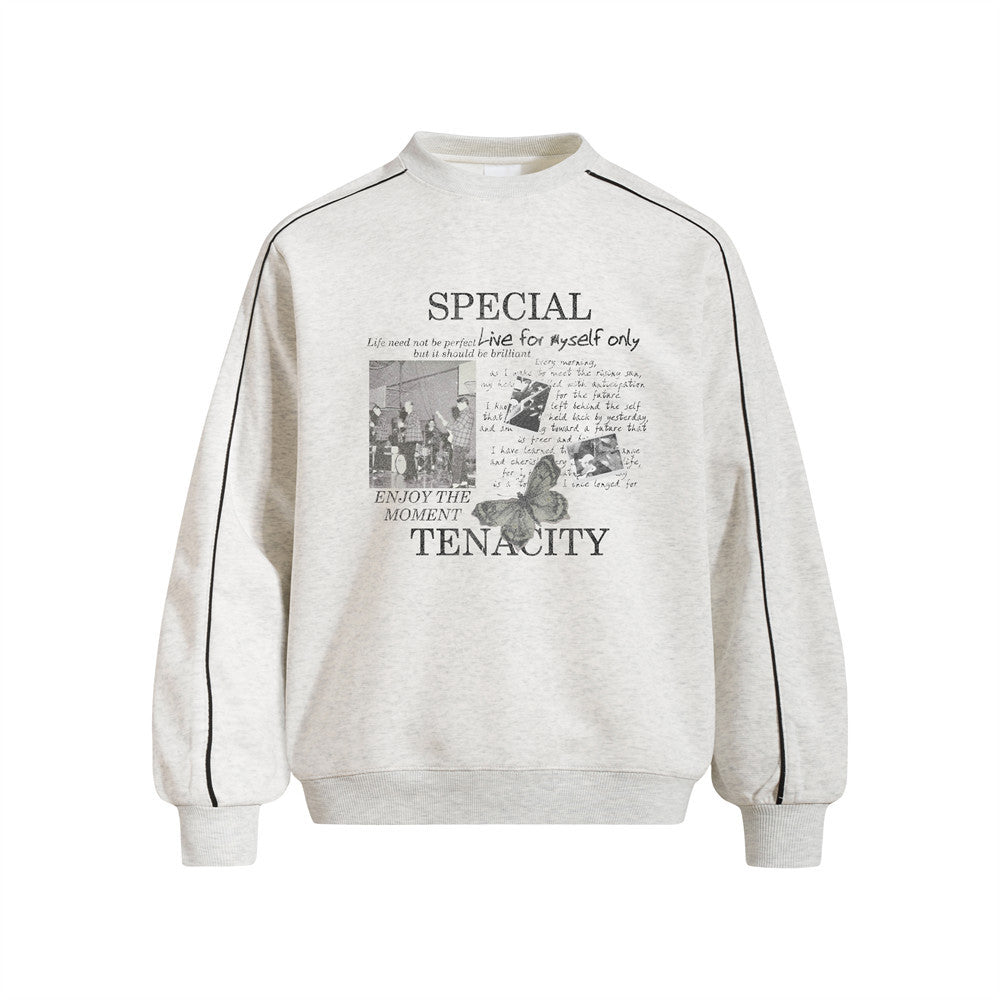 Men's Rap Character Print Contrast Stitch Crewneck Pullover Sweatshirt by eprolo