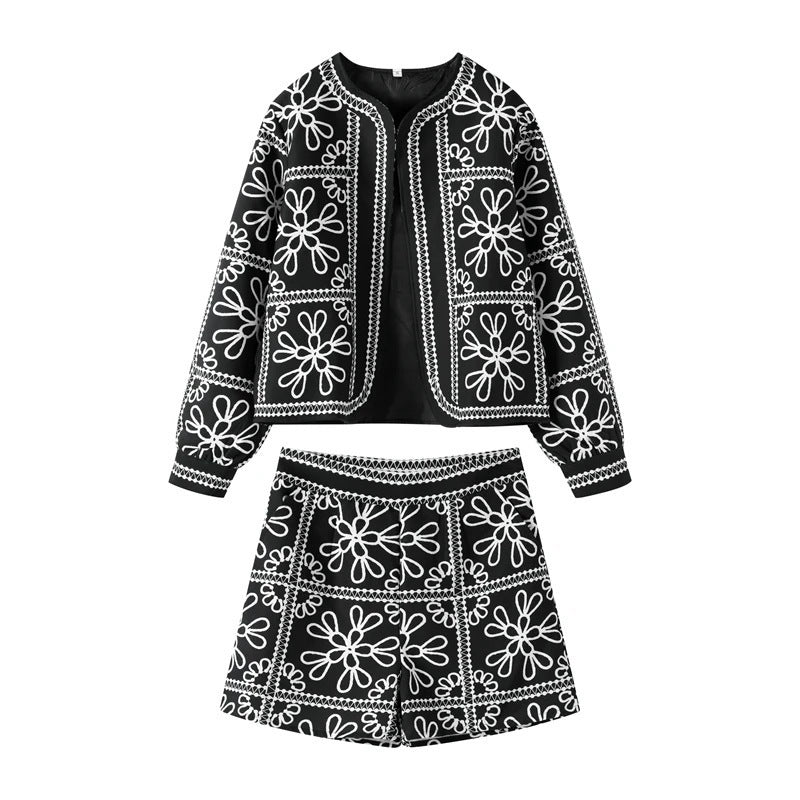 Fashion Casual Print Color-block Cotton Coat  Shorts Set