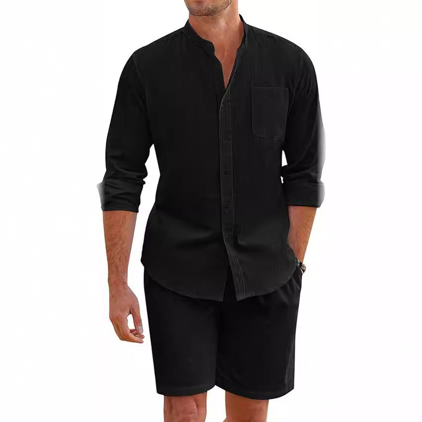 Casual Men's Summer Two-Piece Set Polyester Button-Up Long Sleeve Shirt and Shorts Cardigan Simple Leisure Beachwear