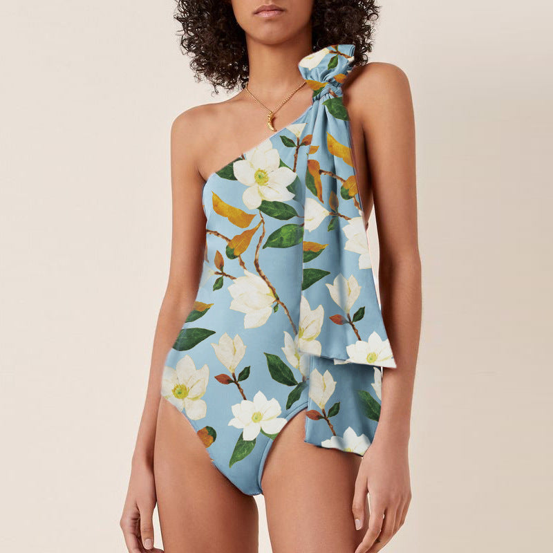 Chic Off-Shoulder Bow Tie Strap One-Piece Swimsuit Set for Women by eprolo