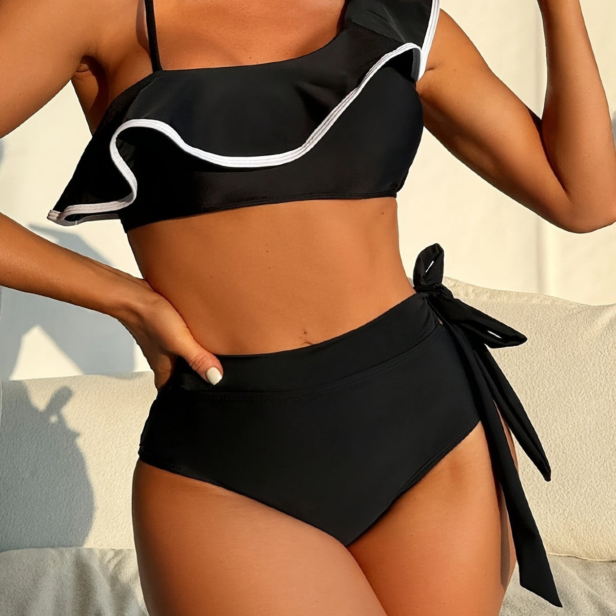 Bikini split swimsuit solid color black shoulder lotus leaf edge by eprolo