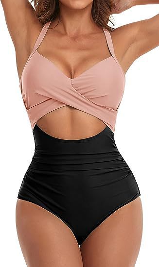 one-piece hard pack swimsuit with hollowed out solid color swimsuit, women's high waisted tight fitting swimsuit by eprolo