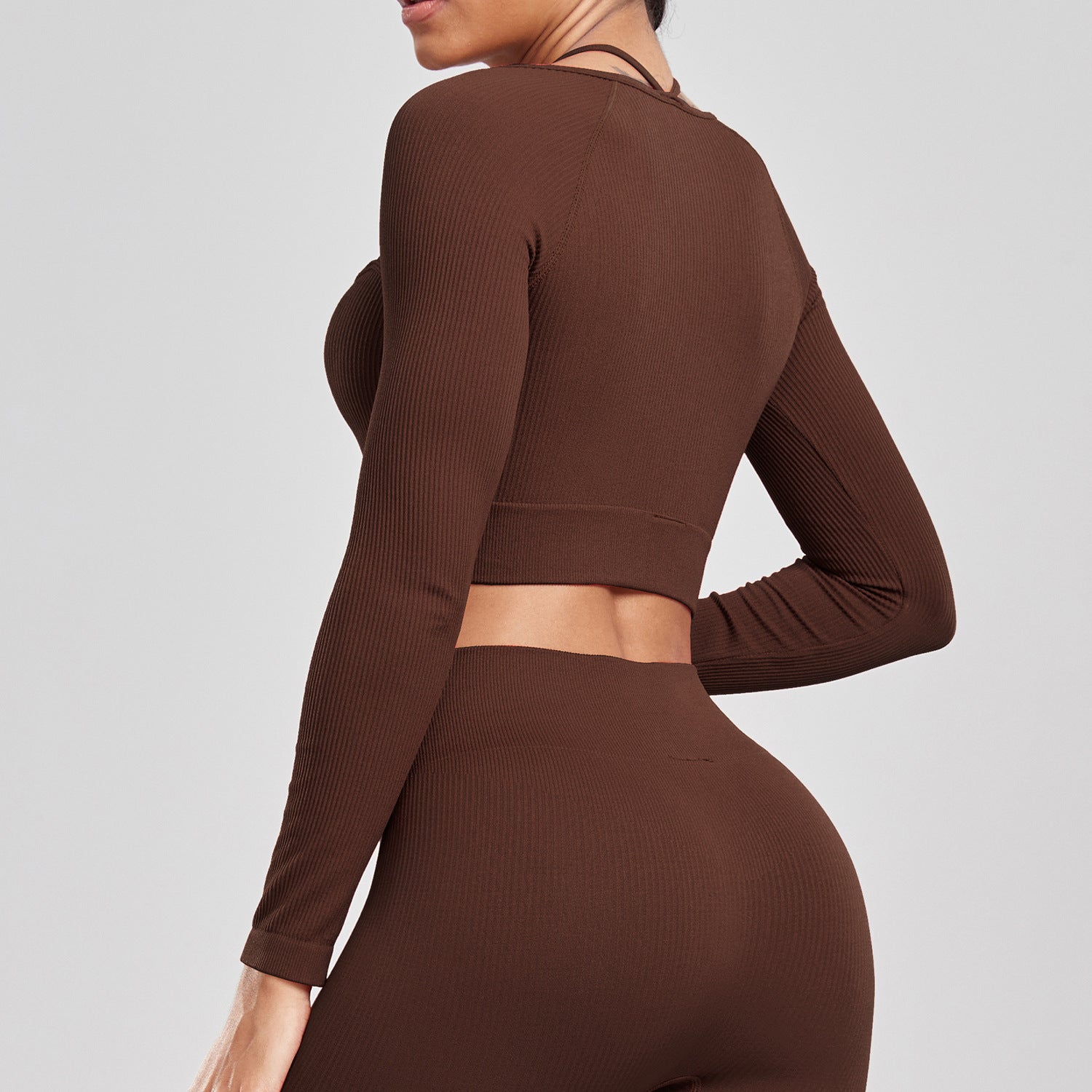 Sports Running Seamless Ribbed Long Sleeve Yoga Fitness Set, Bodycon High-Waisted Backless T-Shirt, Quick-Dry Workout Apparel by eprolo