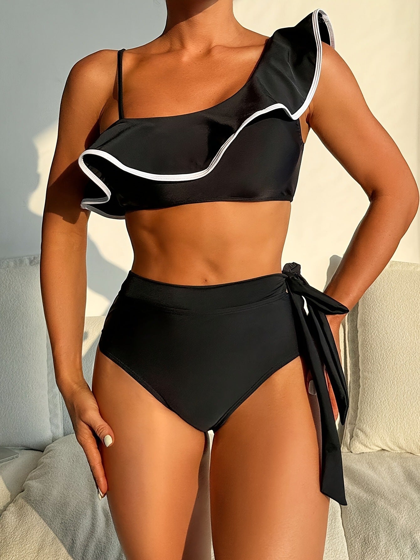 Bikini split swimsuit solid color black shoulder lotus leaf edge by eprolo