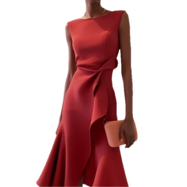 Women's Bow-knot Sleeveless Dress Summer Round Neck Red Temperament by DERILUJA LLC