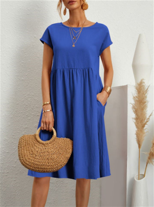 Summer Short-sleeved Dress With Pockets Fashion Solid Round Neck A-line Dresses For Women Clothing by DERILUJA LLC