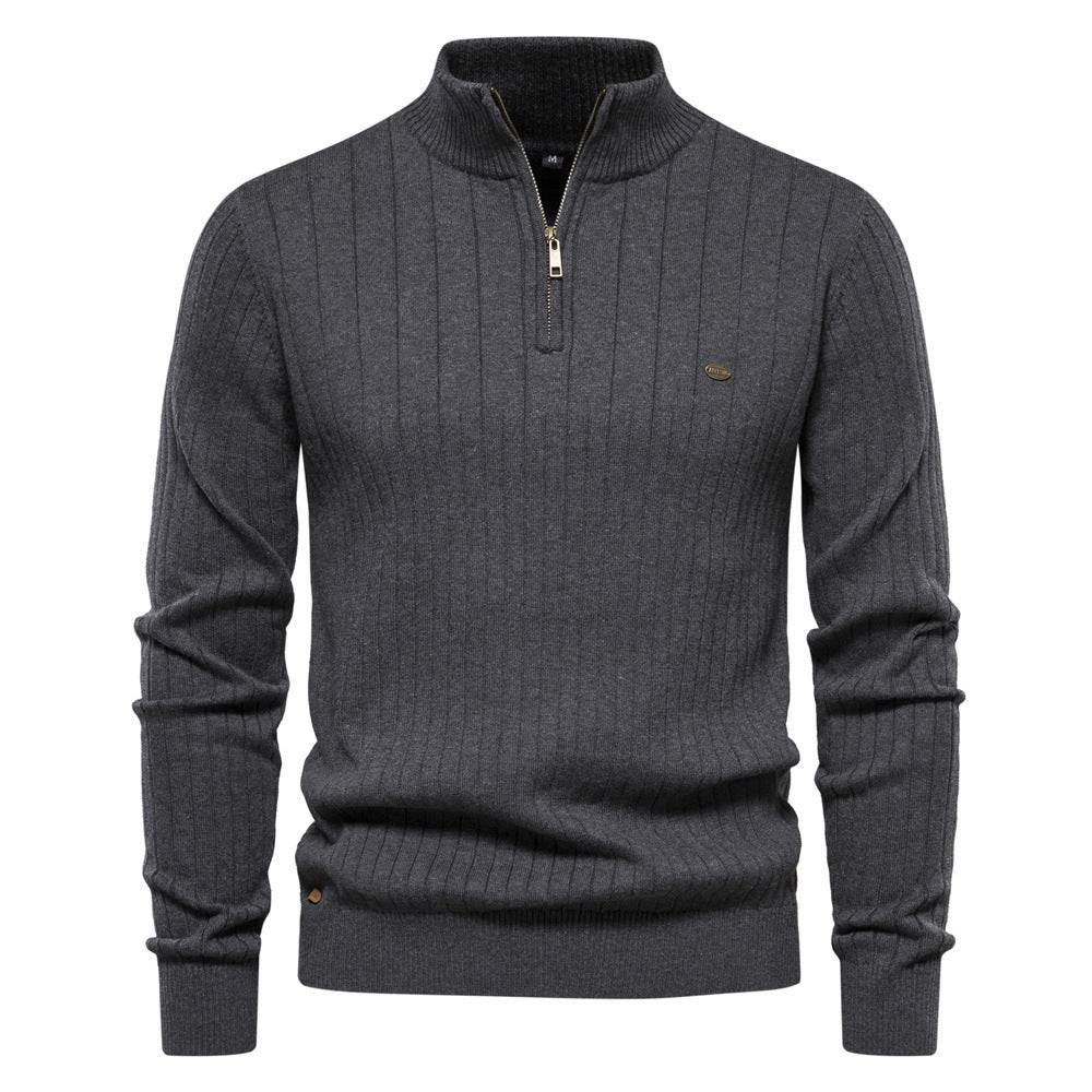 Men's Stand Collar Sweater Fashion Half-zipper Solid Color Striped Knit Sweater High Quality Slim Fit Top Clothing by My Store