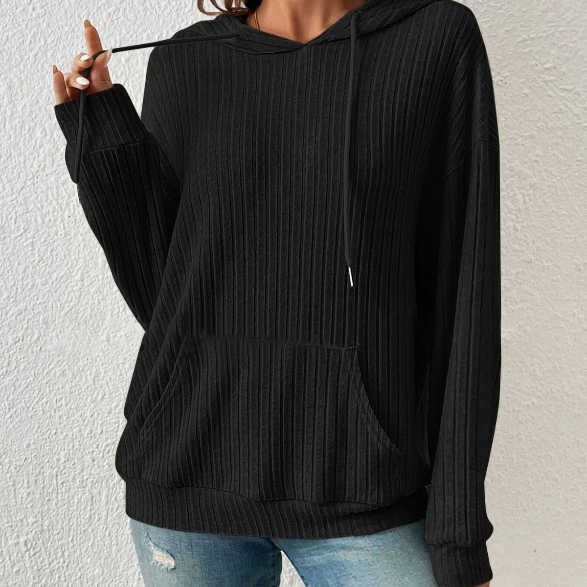 Fashion Drawstring Long-sleeved Hooded Sweatshirt With Pockets Solid Sunken Stripe Hoodie Knitwear Womens Clothing by DERILUJA LLC