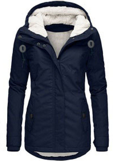 Winter Hooded Jacket Solid Color Warm Buckle Zip-up Fleece Jacket With Pockets Women's Casual Jacket by My Store