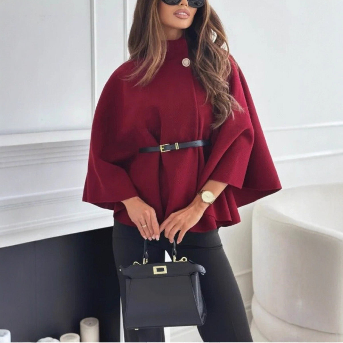 Stand Collar Batwing Sleeves Cloak Top With Belt Ins Fashion Temperament Jacket Woolen Sweater Outwear For Women Clothing by DERILUJA LLC