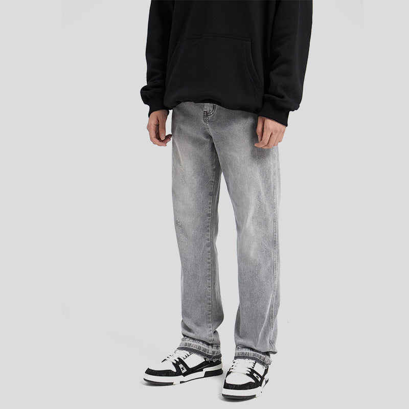 High-Quality Washed Light Gray Distressed Solid Color Denim Jeans with Raw Hem, Basic Casual Long Pants