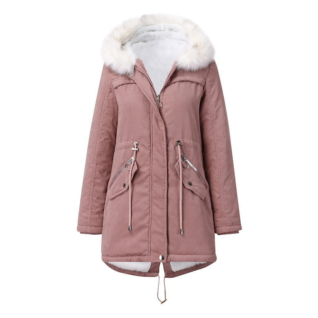Women's Cotton-padded Coat White Fur Collar Parka by My Store