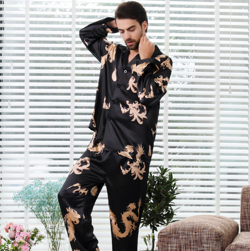 Simulated silk couple sleepwear new long sleeved set men's and women's V-neck silk printed dragon and phoenix home clothes by eprolo