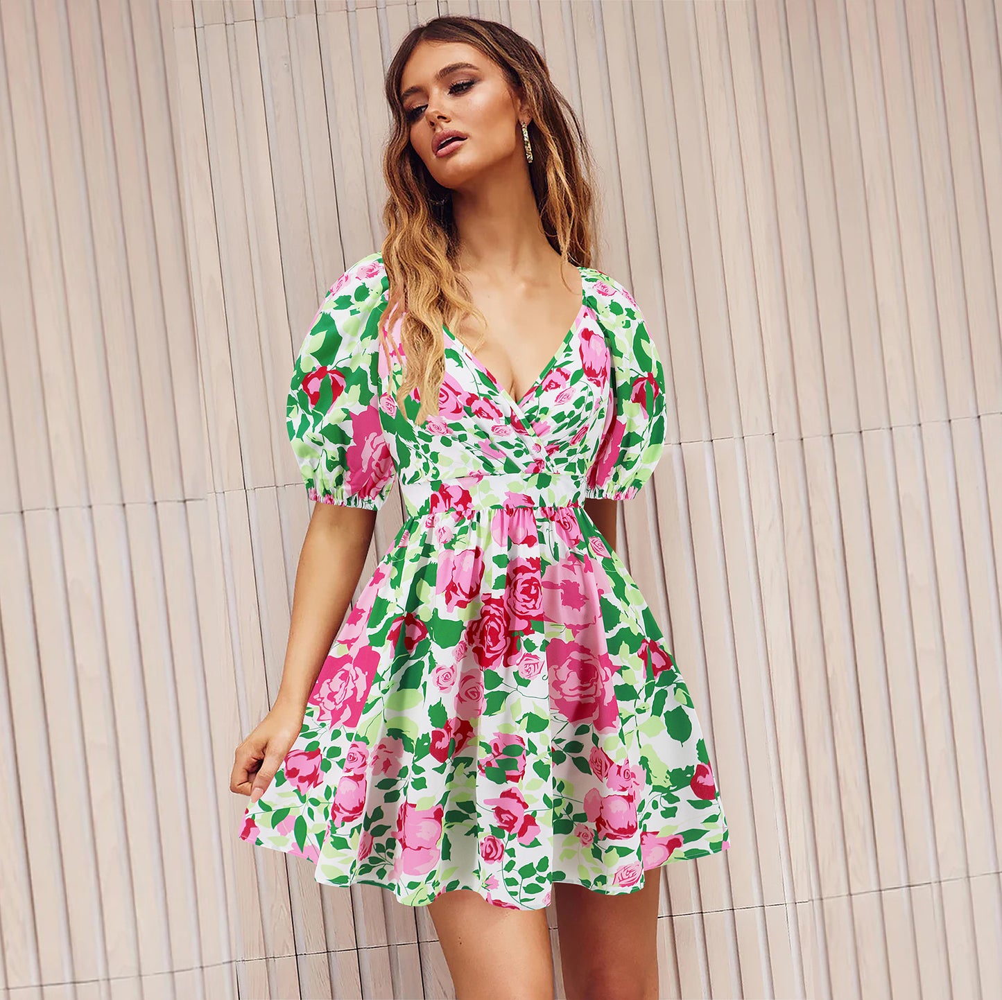Flowers Print V-Neck Lantern-sleeve Dress Y2K Summer Vacation Beach Short Dresses Fashion Womens Clothing by DERILUJA LLC
