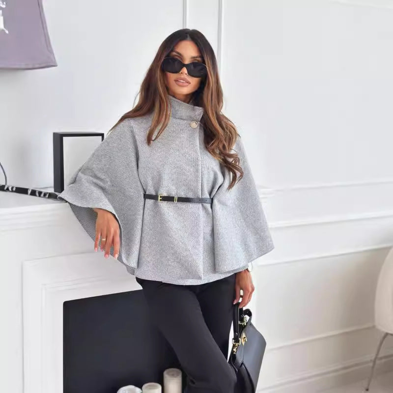 Stand Collar Batwing Sleeves Cloak Top With Belt Ins Fashion Temperament Jacket Woolen Sweater Outwear For Women Clothing by DERILUJA LLC
